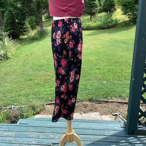 90s y2k Fairycore Gauze Lined Flowy Rose Print black background midi maxiskirt S - Picture 4 of 12